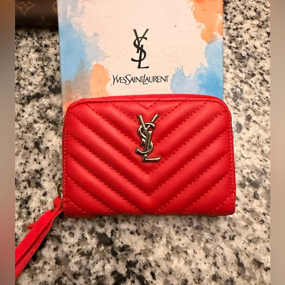 YSL Red Quilted Zip-Around Wallet with Silver-Tone Logo